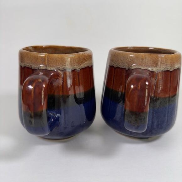 Classic Handmade Ceramic Drip Glaze Mug Cup set of 2 Brown Blue Retro 1970s VTG - Picture 7 of 10